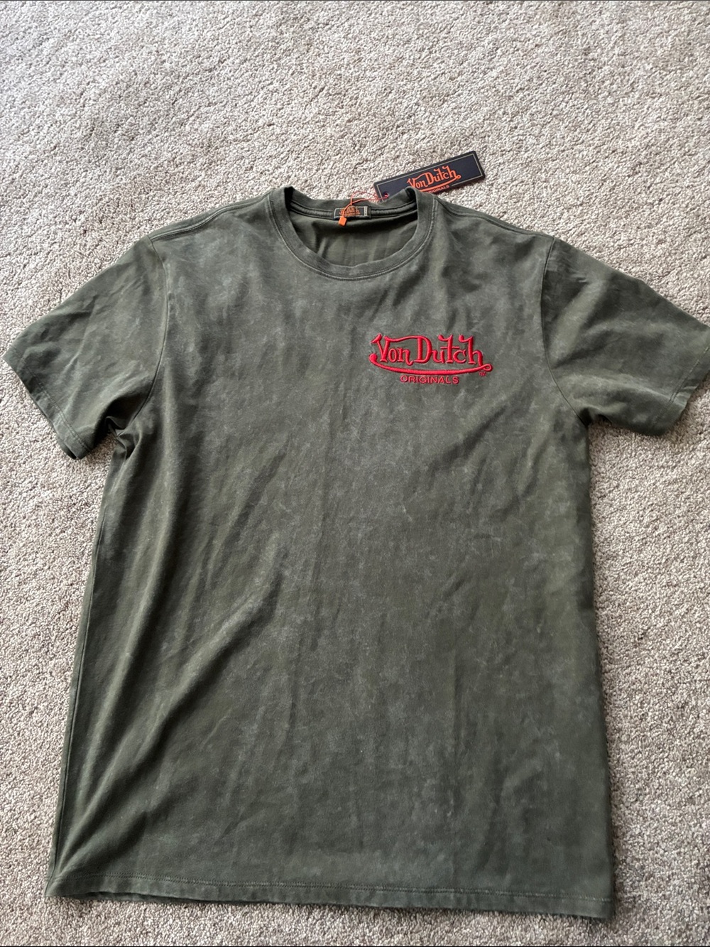 Von Dutch Olive Green Acid Wash Short-Sleeve Tee with Red Logo